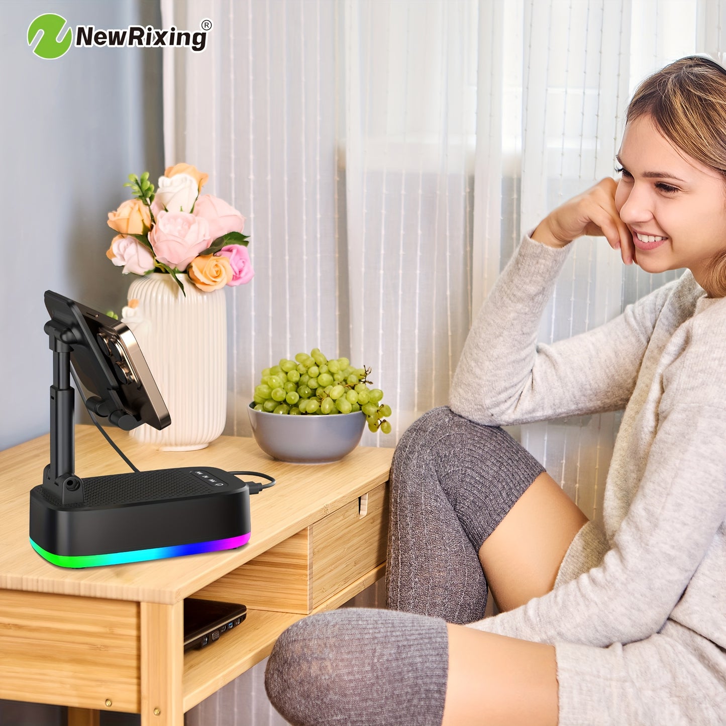 Boxe wireless NewRixing de 6 W cu suport pentru telefon, asociere duală, baterie de 1800 mAh, baterie externă mobilă de urgență