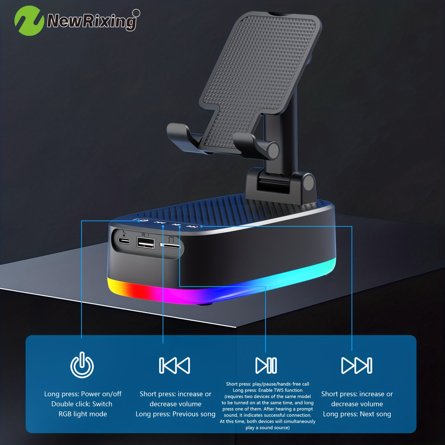 Boxe wireless NewRixing de 6 W cu suport pentru telefon, asociere duală, baterie de 1800 mAh, baterie externă mobilă de urgență