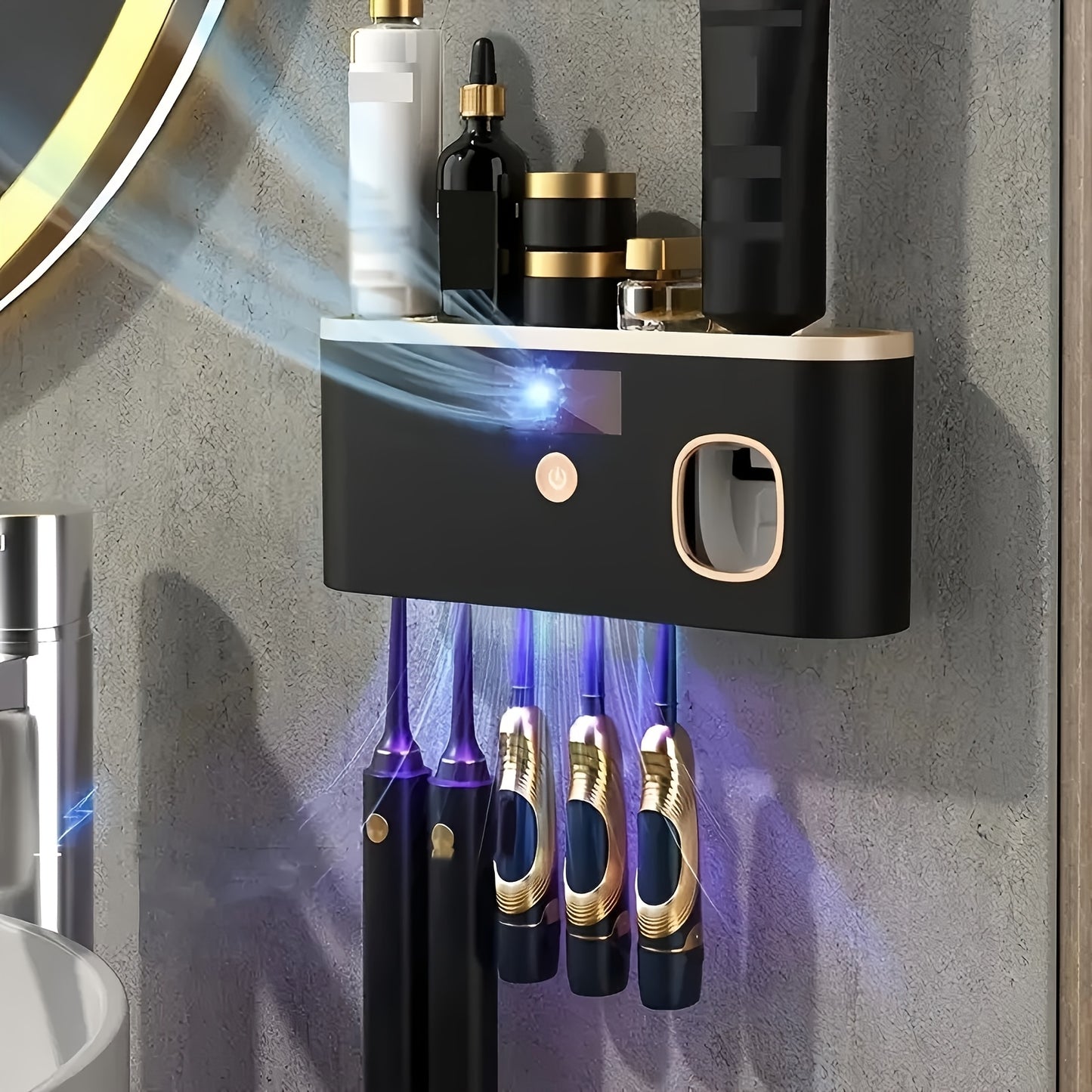 Suport inteligent pentru periuță de dinți cu dozator automat de pastă de dinți