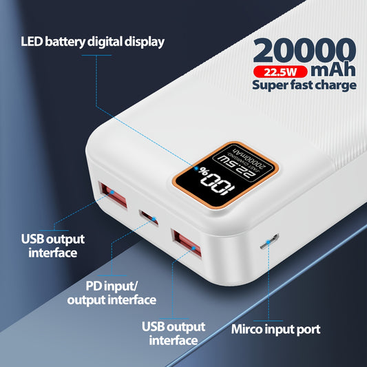 Baterie externă ENEGON 20000mAh de mare capacitate cu încărcare rapidă PD de 22,5W, intrări USB-C/USB-A/Micro, afișaj digital LED
