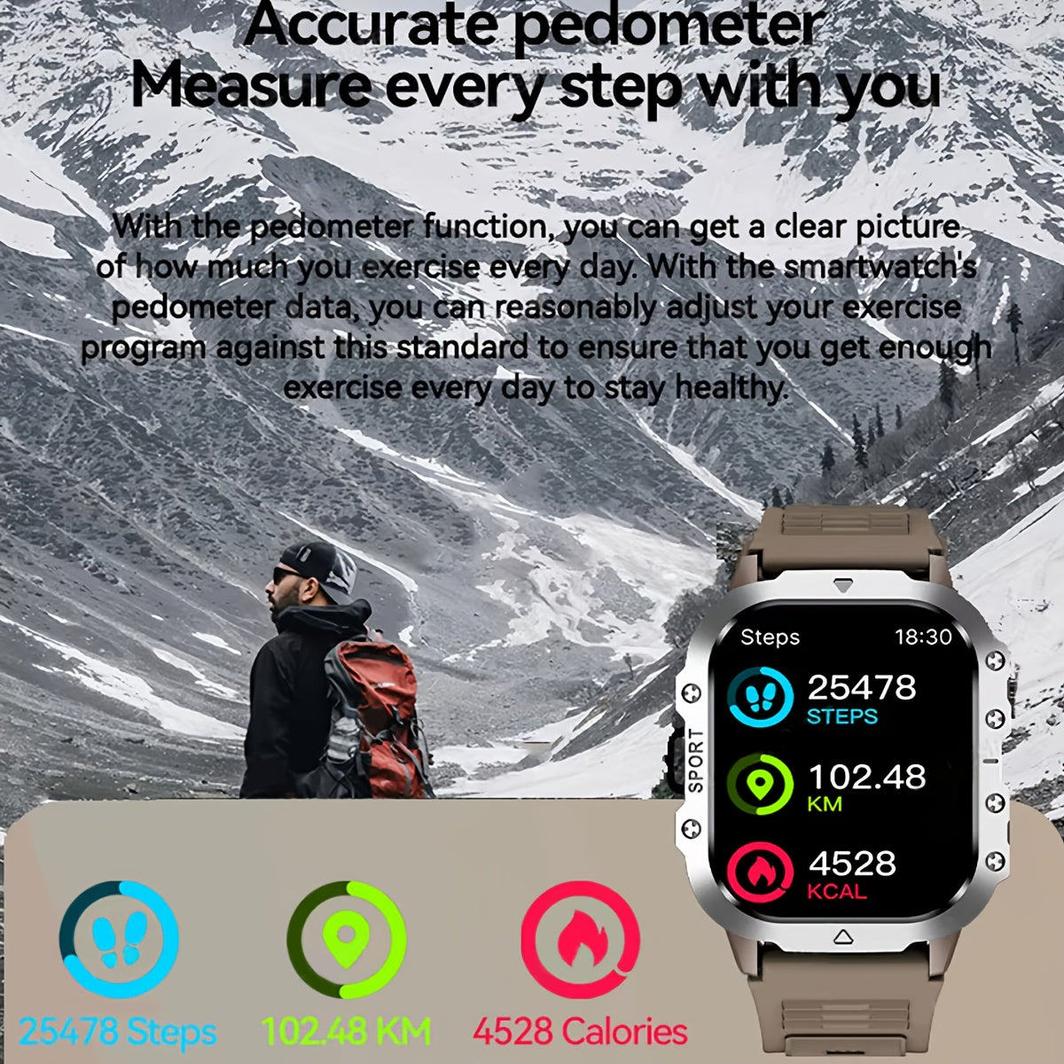 Ceas inteligent nou, ecran mare de 5,11 cm, lanternă LED, ceas sport în aer liber, altimetru, barometru, 100+ moduri sport