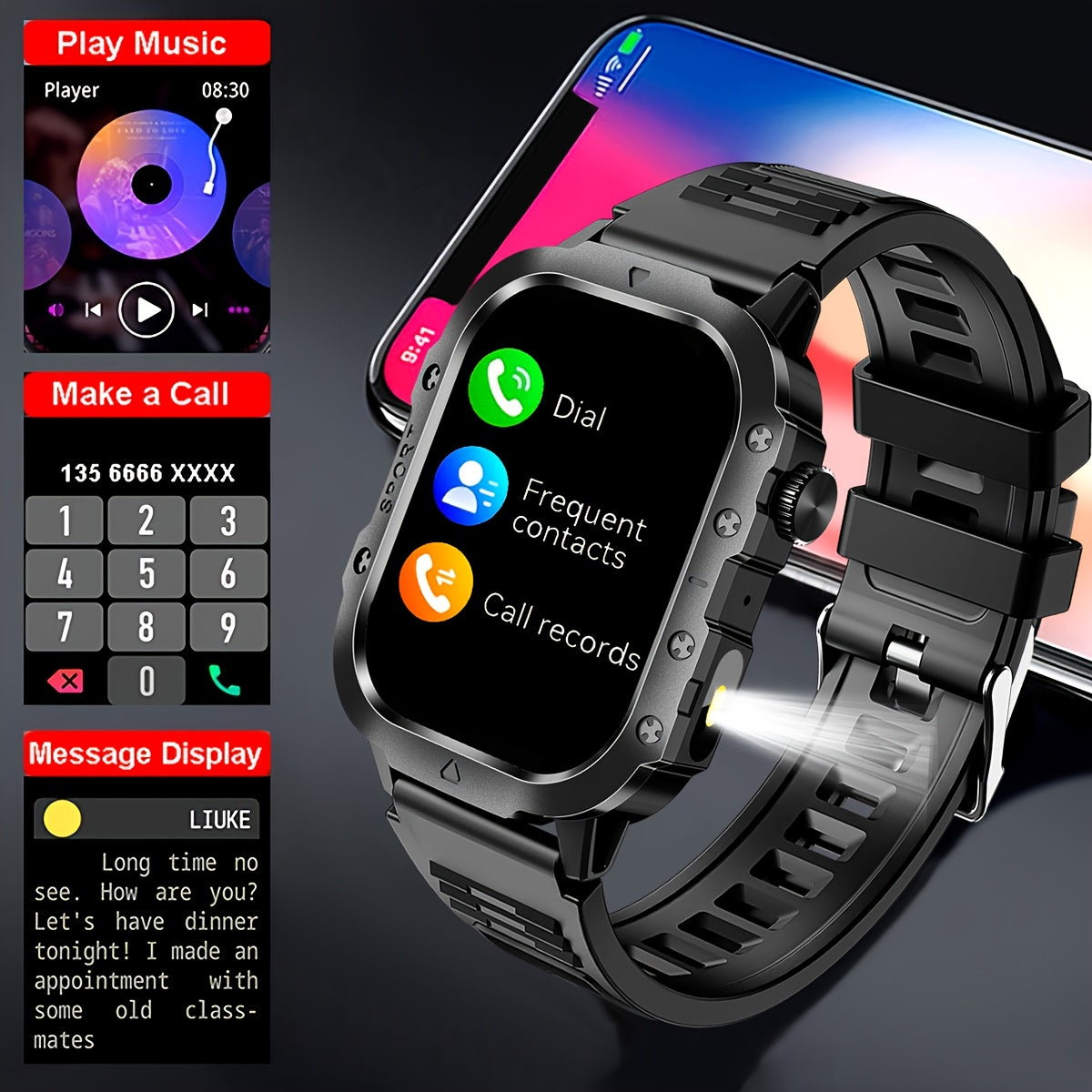 Ceas inteligent nou, ecran mare de 5,11 cm, lanternă LED, ceas sport în aer liber, altimetru, barometru, 100+ moduri sport