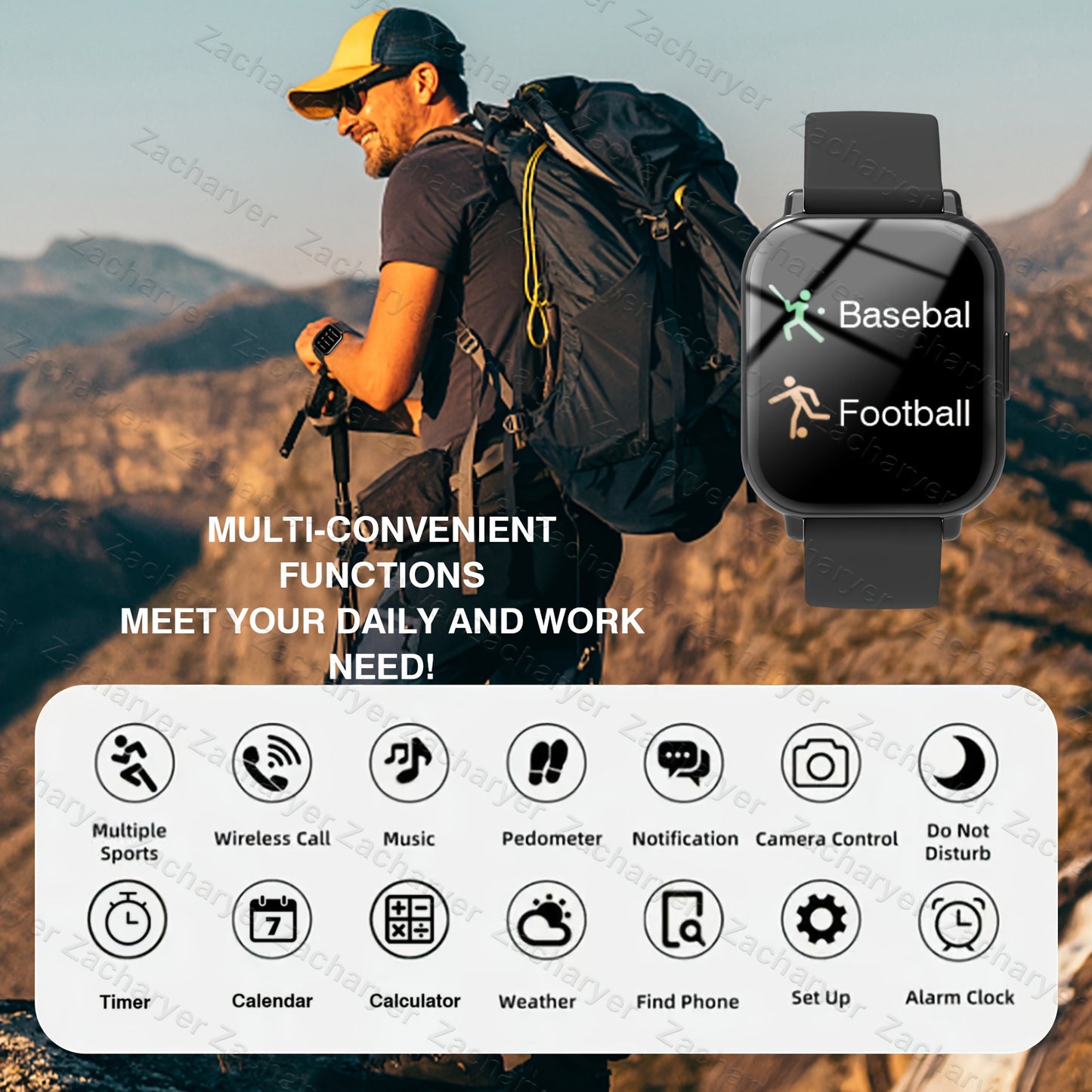 Ceas inteligent ZACHARYER cu ecran HD de 4,65 cm, apeluri wireless, moduri sport, reîncărcabil prin USB, compatibil cu iPhone/Android