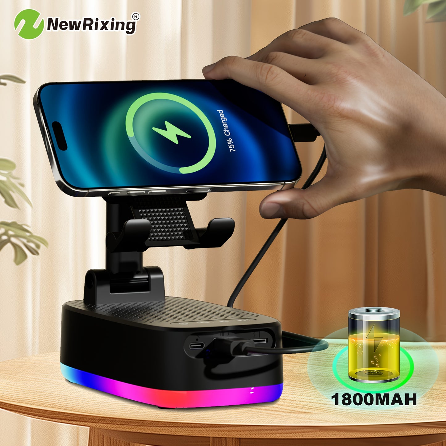 Boxe wireless NewRixing de 6 W cu suport pentru telefon, asociere duală, baterie de 1800 mAh, baterie externă mobilă de urgență