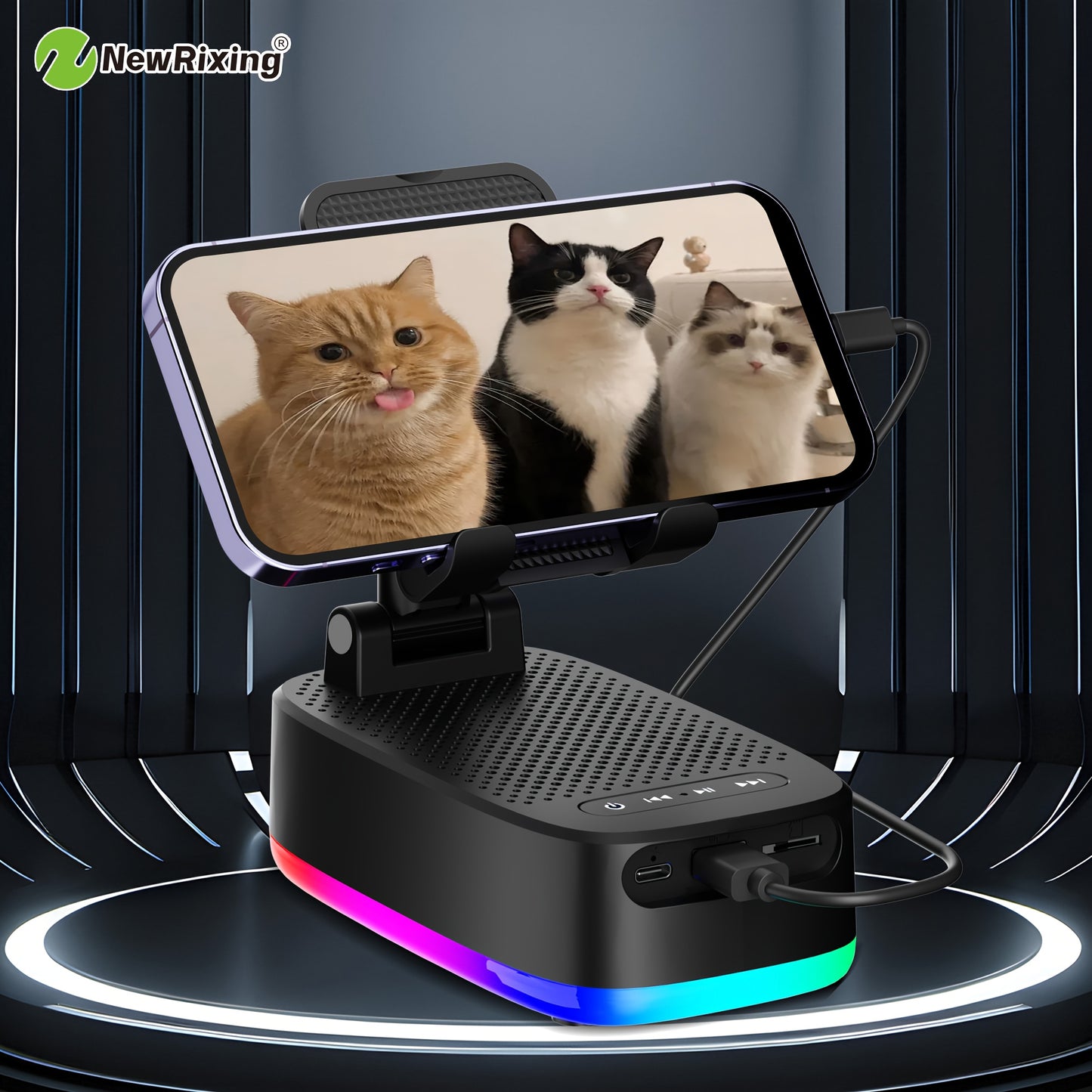 Boxe wireless NewRixing de 6 W cu suport pentru telefon, asociere duală, baterie de 1800 mAh, baterie externă mobilă de urgență