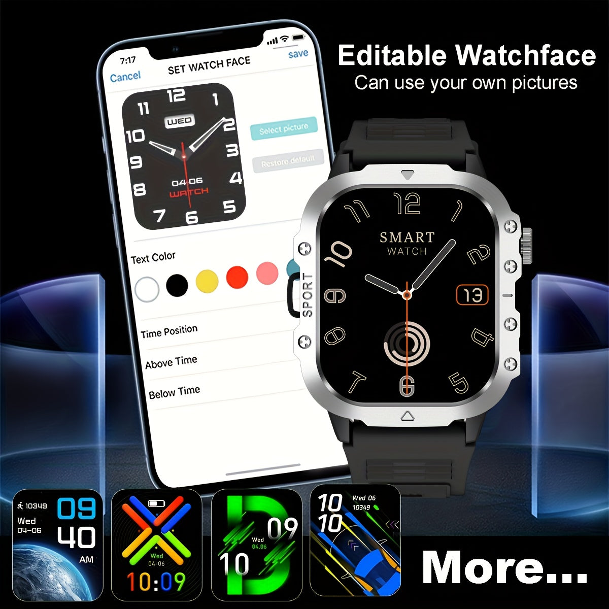 Ceas inteligent nou, ecran mare de 5,11 cm, lanternă LED, ceas sport în aer liber, altimetru, barometru, 100+ moduri sport