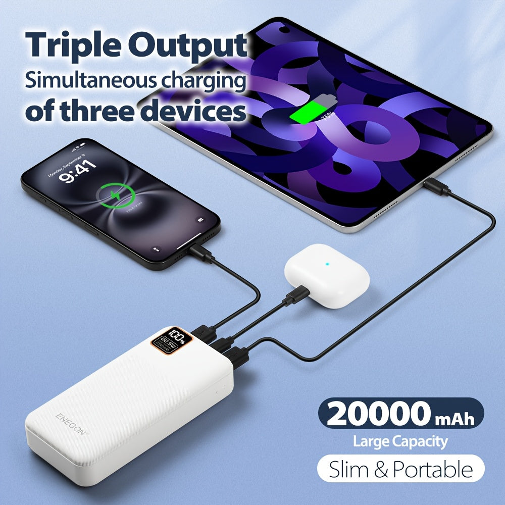 Baterie externă ENEGON 20000mAh de mare capacitate cu încărcare rapidă PD de 22,5W, intrări USB-C/USB-A/Micro, afișaj digital LED