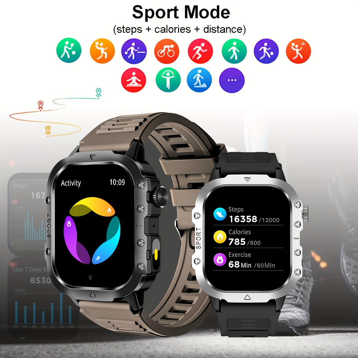 Ceas inteligent nou, ecran mare de 5,11 cm, lanternă LED, ceas sport în aer liber, altimetru, barometru, 100+ moduri sport