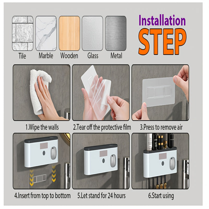 Suport inteligent pentru periuță de dinți cu dozator automat de pastă de dinți