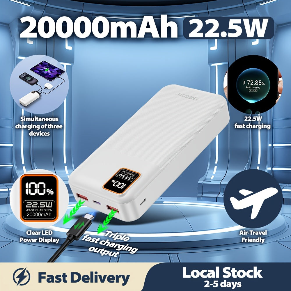 Baterie externă ENEGON 20000mAh de mare capacitate cu încărcare rapidă PD de 22,5W, intrări USB-C/USB-A/Micro, afișaj digital LED