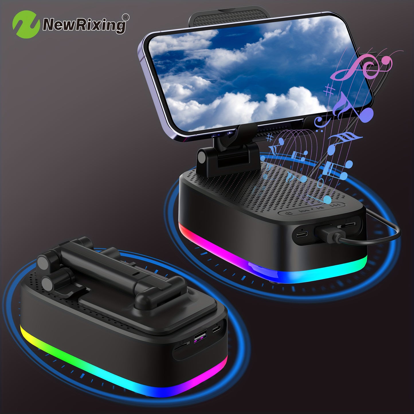 Boxe wireless NewRixing de 6 W cu suport pentru telefon, asociere duală, baterie de 1800 mAh, baterie externă mobilă de urgență