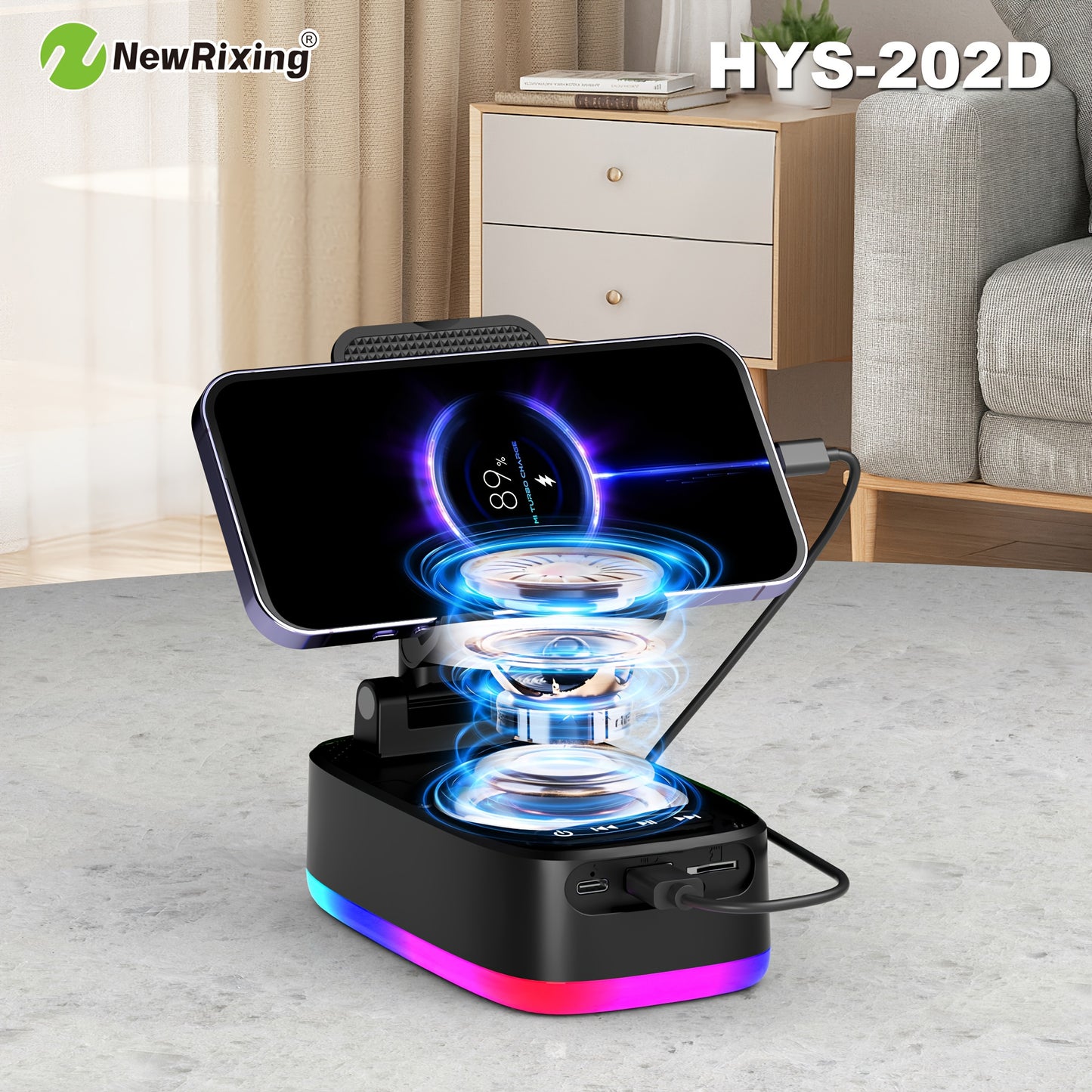 Boxe wireless NewRixing de 6 W cu suport pentru telefon, asociere duală, baterie de 1800 mAh, baterie externă mobilă de urgență