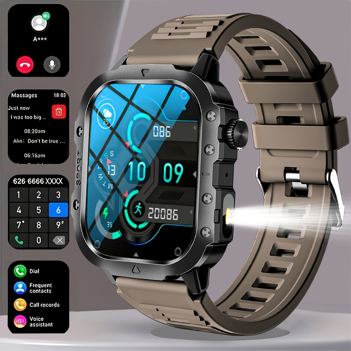 Ceas inteligent nou, ecran mare de 5,11 cm, lanternă LED, ceas sport în aer liber, altimetru, barometru, 100+ moduri sport