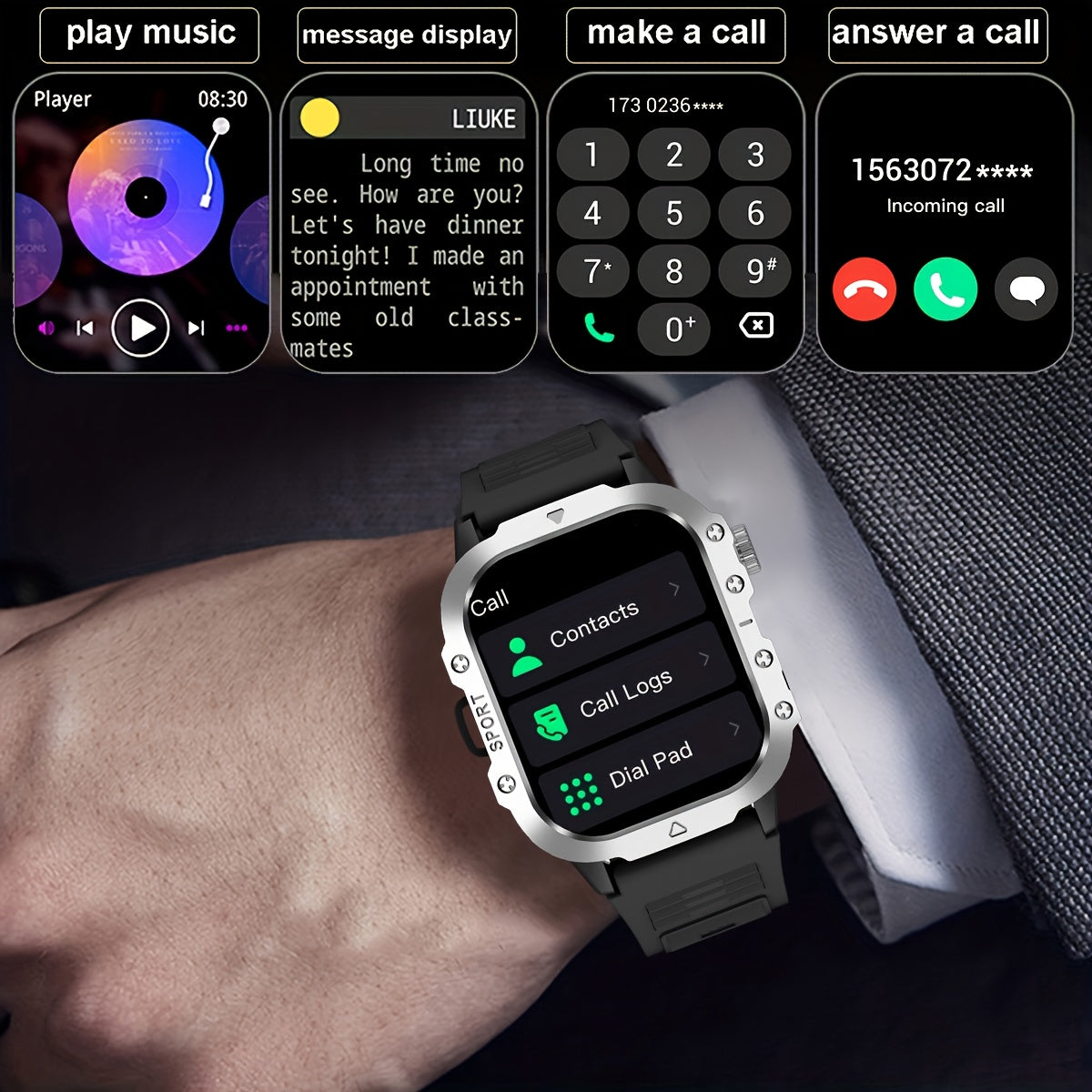 Ceas inteligent nou, ecran mare de 5,11 cm, lanternă LED, ceas sport în aer liber, altimetru, barometru, 100+ moduri sport